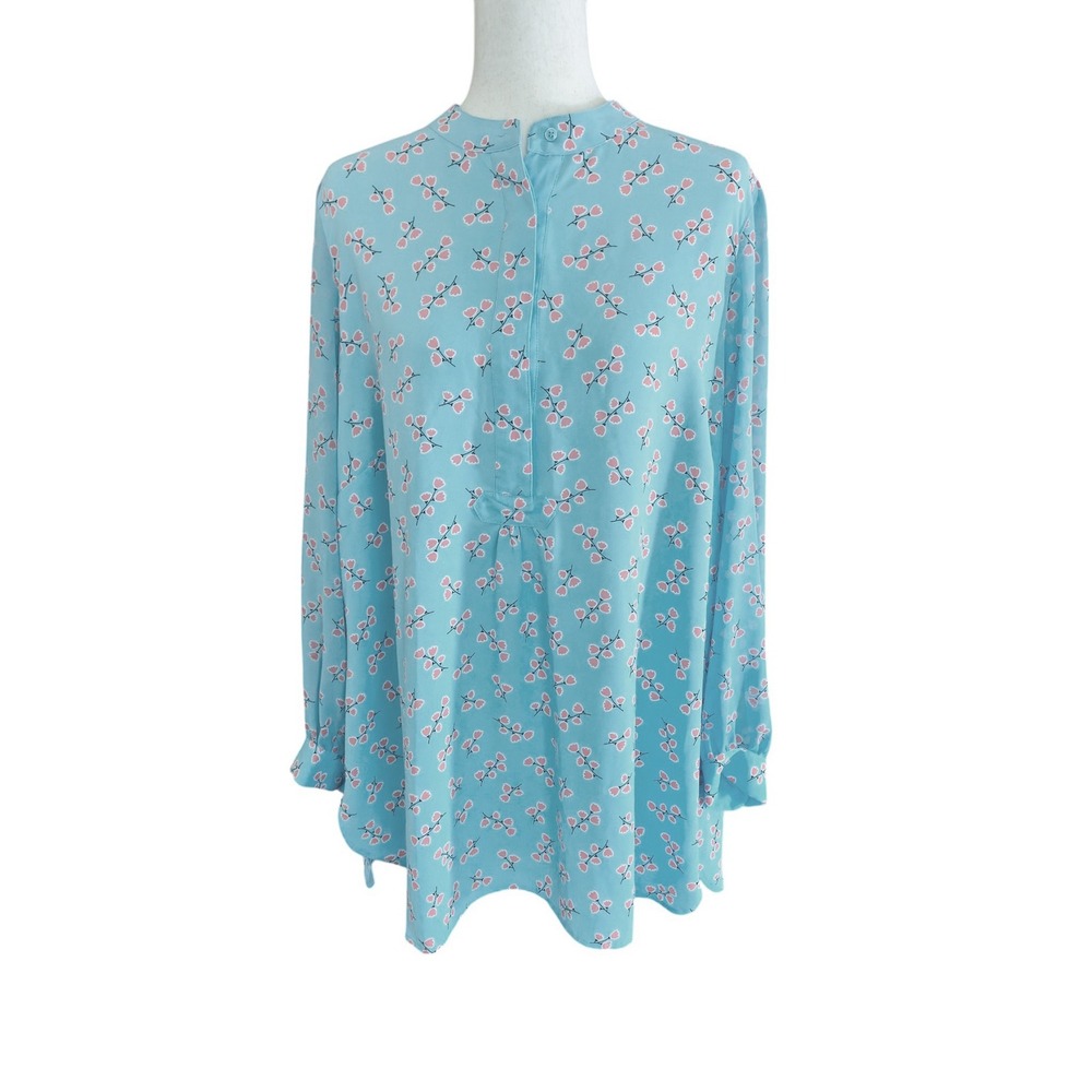 Anne Klein Floral Mandarin Collar Blouse Light Blue Pink 2XL Long Sleeve Top